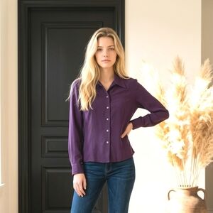 Vintage petite Elite Y2K pure silk plum purple blouse top long sleeve